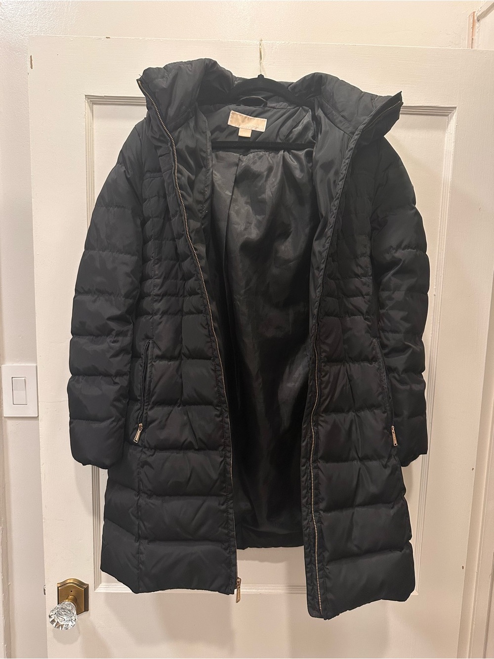 Michael Kors Black Quilted Long Puffer Coat with expandable hood
